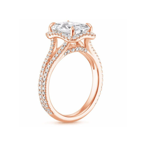 Linda Asscher Diamond Halo Split Shank Engagement Ring Pink Gold Side