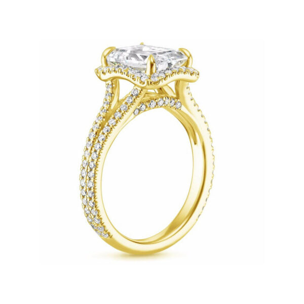 Linda Cushion Diamond Halo Split Shank Engagement Ring Yellow Gold Side