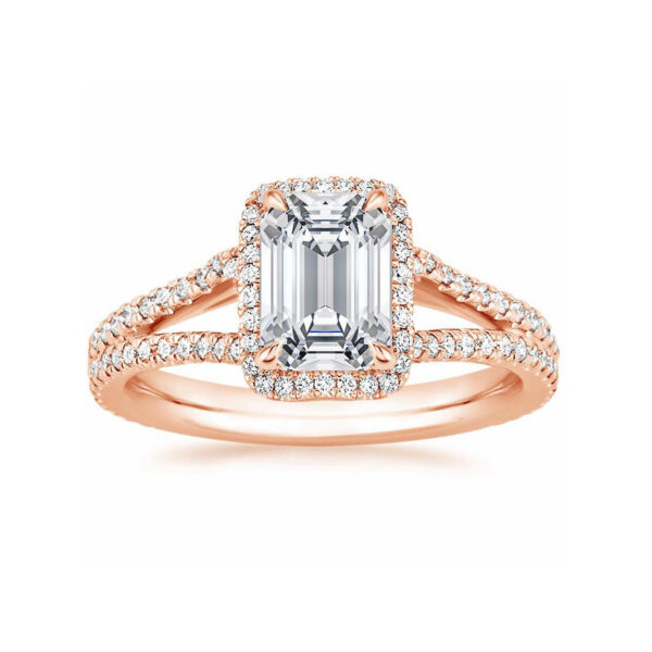 Linda Emerald Diamond Halo Split Shank Engagement Ring Pink Gold