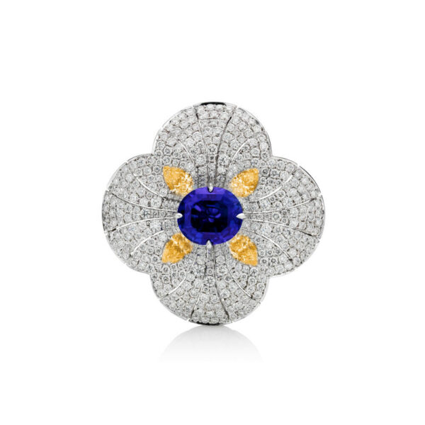 Natural Blue Sapphire and Orange DIamond Flower Ring